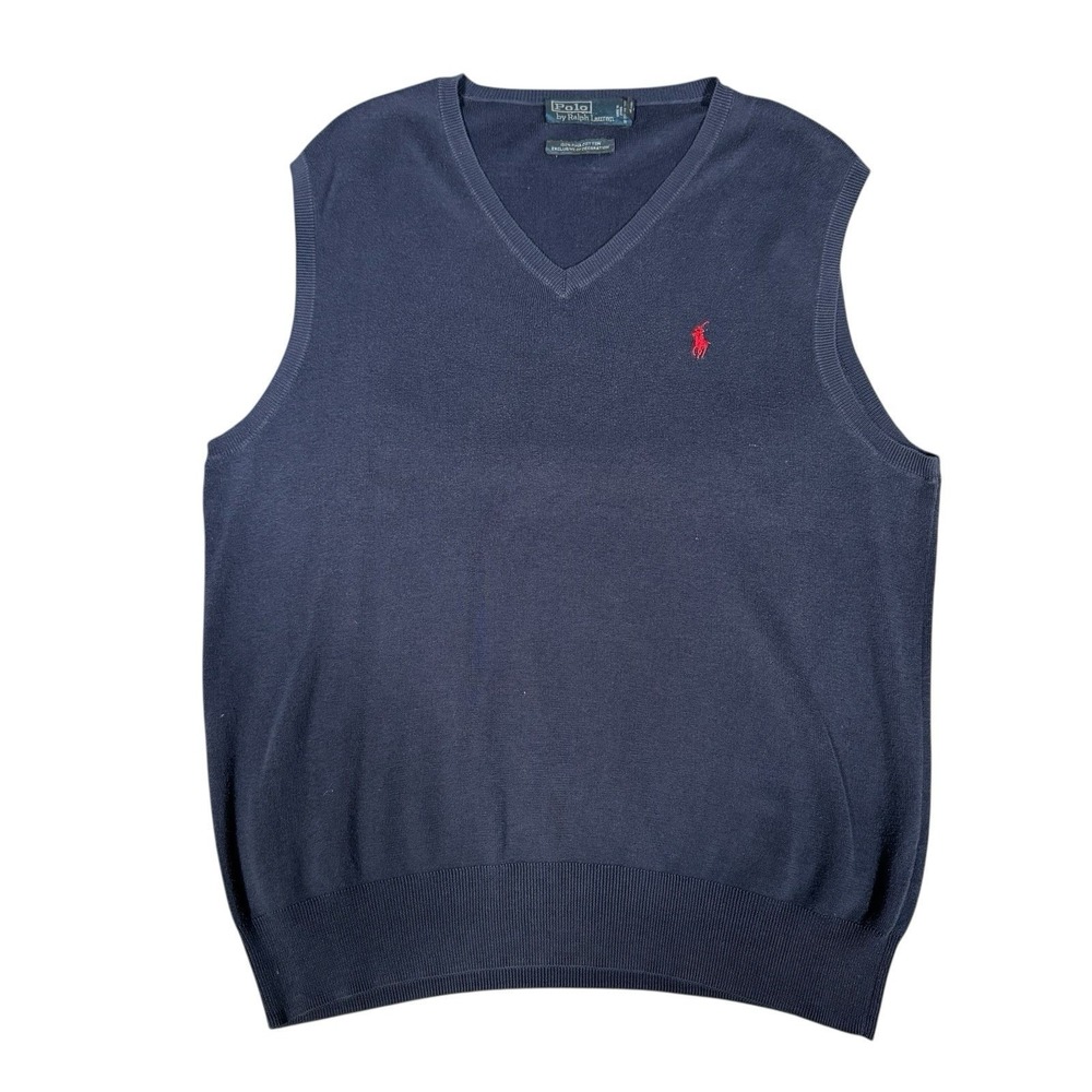 Polo Ralph Lauren Sweater Vest Mens L Navy Blue Pullover Pima V Neck Red Pony